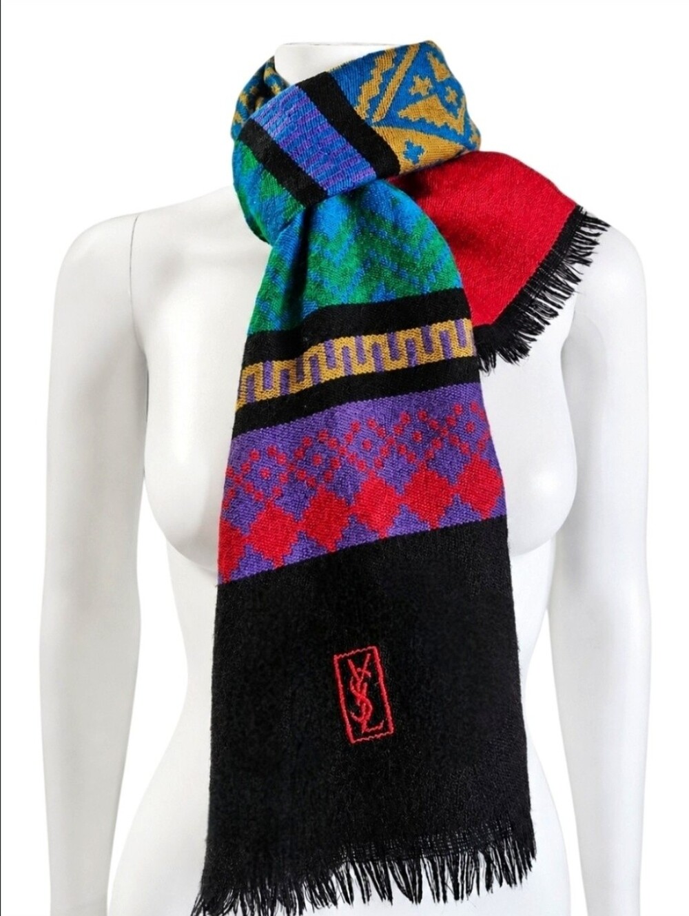 YVES SAINT LAURENT | Vintage YSL Geometric Knit Scarf Multicolor 60" x 15"